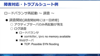 35
障害対応・トラブルシュート例
ロードバランサ再起動 〜 調査 〜
● 調査開始(調査開始時には一旦終熄)
○ アクティブサーバのみ再起動が発生
○ ログ調査
■ ロードバランサ
■ oomkiller, ipvs no memory available
■ Webサーバ
■ TCP: Possible SYN flooding
 