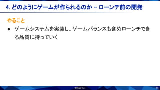 55
やること 
● ゲームシステムを実装し、ゲームバランスも含めローンチでき
る品質に持っていく 
4. どのようにゲームが作られるのか - ローンチ前の開発 
 