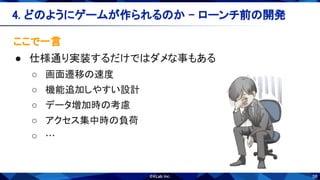 58
ここで一言 
● 仕様通り実装するだけではダメな事もある 
○ 画面遷移の速度 
○ 機能追加しやすい設計 
○ データ増加時の考慮 
○ アクセス集中時の負荷 
○ … 
4. どのようにゲームが作られるのか - ローンチ前の開発 
 