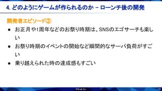 70
開発者エピソード② 
● お正月や1周年などのお祭り時期は、SNSのエゴサーチも楽し
い 
● お祭り時期のイベントの開始など瞬間的なサーバ負荷がすご
い 
● 乗り越えられた時の達成感もすごい 
4. どのようにゲームが作られるのか - ローンチ後の開発 
 