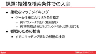 © KLab Inc. 2022
● 柔軟なマッチメイキング
￭ ゲーム仕様に合わせた条件指定
○ 例：パラメータが近い（範囲指定）
○ 例：募集開始1分以内はフレンドのみ、以降は誰でも
● 観戦のための検索
￭ すでにマッチング済みの部屋の検索
課題：複雑な検索条件での入室
 