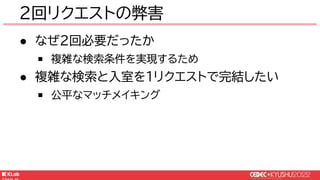 © KLab Inc. 2022
● なぜ2回必要だったか
￭ 複雑な検索条件を実現するため
● 複雑な検索と入室を1リクエストで完結したい
￭ 公平なマッチメイキング
2回リクエストの弊害
 