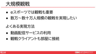© KLab Inc. 2022
● eスポーツでは観戦も重要
● 数万〜数十万人規模の観戦を実現したい
よくある実現方法
● 動画配信サービスの利用
● 観戦クライアントも部屋に接続
大規模観戦
 