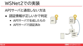 © KLab Inc. 2022
APIサーバと通信しない方法
● 認証情報が正しいかで判定
￭ APIサーバで生成したもの
￭ APIサーバで認証済み
WSNet2での実装
API
Real
time
入室
Auth
Data
 