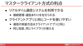 © KLab Inc. 2022
● リアルタイム通信システムを利用できる
￭ 接続管理・通信まわりを任せられる
● クライアントアプリと同じコードを使いやすい
￭ 通信の実装方法はクライアントアプリと同じ
￭ 同じ言語、同じライブラリが使える
マスタークライアント方式の利点
 