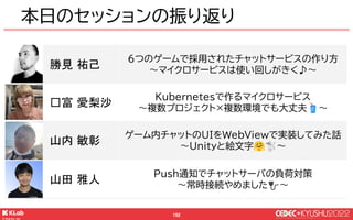 © KLab Inc. 2022
152
本日のセッションの振り返り
勝見 祐己
6つのゲームで採用されたチャットサービスの作り方
〜マイクロサービスは使い回しがきく♪〜
𠮷富 愛梨沙
Kubernetesで作るマイクロサービス
〜複数プロジェクト×複数環境でも大丈夫🥤〜
山内 敏彰
ゲーム内チャットのUIをWebViewで実装してみた話
～Unityと絵文字🤗🐩～
山田 雅人
Push通知でチャットサーバの負荷対策
〜常時接続やめました🔌〜
 