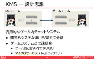 © KLab Inc. 2022
14
汎用的なゲーム内チャットシステム
● 開発もシステム運用も完全に分離
● ゲームシステムとは疎結合
￭ ゲーム側とはAPIでやり取り
￭ マイクロサービス ( Not! ライブラリ )
KMS ― 設計思...