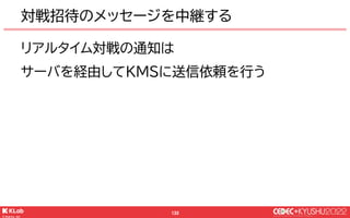 © KLab Inc. 2022
134
ゲームサーバとKMS
ゲームサーバ
KMS FCM
iOS
Andorid
こちらのルートが
招待の投稿
Web
Web
Push
P
u
s
h
 