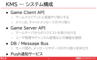 © KLab Inc. 2022
18
● Game Client API
○ ゲームクライアントと直接やり取りする
○ メインは、チャットメッセージのやり取り
● Game Server API
○ ゲームサーバからのリクエストを受け付ける
...