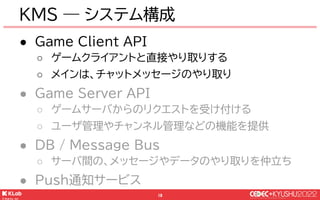 © KLab Inc. 2022
19
● Game Client API
○ ゲームクライアントと直接やり取りする
○ メインは、チャットメッセージのやり取り
● Game Server API
○ ゲームサーバからのリクエストを受け付ける
...