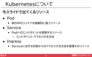 © KLab Inc. 2022
56
機能毎にシステムを細かく分離する
マイクロサービス構成を実現
Kubernetesについて
Client API
Server API
ログ収集
メッセージバス
メトリクス収集
動作するコンテナは Pod...