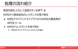© KLab Inc. 2022
88
処理の流れ紹介
WebView
KMS
(CL API)
発言内容を入力して
送信ボタンを押下
KMSクライアント
ライブラリへデータを
渡す
KMSから発言成功のレス
ポンスを受け取る
発言内容をWeb...