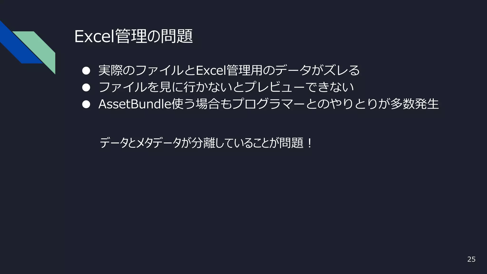 Excel管理の問題
● 実際のファイルとExcel管理用のデータがズレる
● ファイルを見に行かないとプレビューできない
● AssetBundle使う場合もプログラマーとのやりとりが多数発生
データとメタデータが分離していることが問題！
25
 