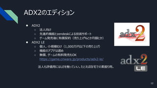 ADX2のエディション
● ADX2
○ 法人向け
○ 先進的機能とzendeskによる技術サポート
○ ゲーム発売後に有償契約（売り上げ％とか月額とか）
● ADX2 LE
○ 個人、小規模むけ（1,000万円以下の売り上げ）
○ 機能のアプデは遅め
○ 無償、ゲームの有料発売もOK
https://game.criware.jp/products/adx2-le/
法人も評価用にはLEを触っていい。たとえば自宅での素振り用。
12
 