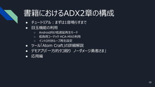 書籍におけるADX2章の構成
● チュートリアル：まずは1音鳴らすまで
● 目玉機能の利用
○ Android向け低遅延再生モード
○ 低負荷コーデック HCA-MXの利用
○ イントロ付きループ再生設定
● ツール「Atom Craft」の詳細解説
● デモアプリ「一方的タコ殴り ノーダメージ勇者さま」
● 応用編
18
 