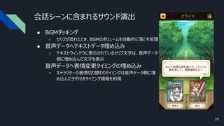 会話シーンに含まれるサウンド演出
● BGMダッキング
○ セリフが流れたとき、BGMのボリュームを自動的に落とす処理
● 音声データへテキストデータ埋め込み
○ テキストウィンドウに表示されているセリフ文字は、音声データ
側に埋め込んだ文字を表示
● 音声データへ表情変更タイミングの埋め込み
○ キャラクターの表情切り替わりタイミングは音声データ側に埋
め込んだタグ付きタイミング情報を利用
29
 