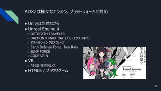 ADX2は様々なエンジン、プラットフォームに対応
● Unityは当然ながら
● Unreal Engine 4
○ OCTOPATH TRAVELER
○ DAEMON X MACHINA（デモンエクスマキナ）
○ アズールレーン クロスウェーブ
○ Earth Defense Force: Iron Rain
○ JUMP FORCE
○ CODE VEIN
● VR
○ PS4版 東京クロノス
● HTML5 / ブラウザゲーム
35
 