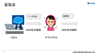 妥協点 
サウンドさん
MIDI形式譜面
微調整
AIさん
MIDI形式譜面
ベース作成
11
 