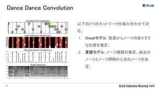 Dance Dance Convolution 
以下の2つのネットワークを組み合わせて対
応。 
1. Onsetモデル: 音源からノーツのありそう
な位置を推定。 
2. 言語モデル: ノーツ種類の推定。過去の
ノーツとノーツ間隔から次のノーツを決
定。 
 
18
 