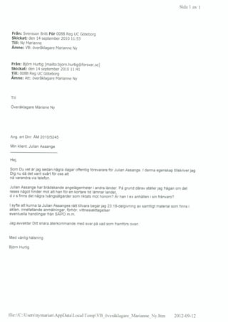 - Assange investigation (Sweden) SMS Marianne Ny and Lejnefors with Bjorn Hurtig 