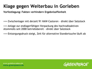 Klage gegen Weiterbau in Gorleben Vorfestlegung: Fakten verhindern Ergebnisoffenheit  +++ Zwischenlager mit derzeit 91 HAW-Castoren – direkt über Salzstock +++ Anlage zur endlagerfähigen Verpackung des hochradioaktiven  Atommülls seit 2000 betriebsbereit - direkt über Salzstock +++ Entsorgungsdruck steigt, Zeit für alternative Standortsuche läuft ab 