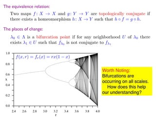 The equivalence relation:
Two maps f : X ! X and g: Y ! Y are topologically conjugate if
there exists a homeomorphism h: X ! Y such that h f = g h.
0 2 ⇤ is a bifurcation point if for any neighborhood U of 0 there
exists 1 2 U such that f 0 is not conjugate to f 1
The places of change:
f(x, r) = fr(x) = rx(1 x)<latexit sha1_base64="Rh9ijDcH0k3v5yQD+lTBVHGato4=">AAAZJXicpZlZbyO5EYC1m2vXuWaThxjICxHZyAygMSQjQYIgM1idtjyWj5Z8jC2v0U2xpR73BZK6prd/QX5InvOa/Ia8BQHylNf8jJDdtKbUJQ+QiQBbZH1VxaOLxSblxL4nZLX6r88+/853v/f9H3zx5dYPf/Tjn/z02Vc/uxTRlFN2QSM/4teOLZjvhexCetJn1zFnduD47Mp5aGp+NWNceFE4kMuY3QX2OPRcj9pSie6f7Q4zH4njT1m65T5fVPgL8oq49/z54sUrwhfPay8XL+6flat71exDcKFmCuWS+Zzdf/WL/wxHEZ0GLJTUt4W4rVVjeZfYXHrUVy0Np4LFNn2wxyzJepCSXSUaETfi6i+UJJOu6dmBCGw5SYtCrS4qqiCWgVMRMrD5ko+QGi2IlrmddsmFK9bg7VS6v79LvDCeShbSvHPu1CcyInoaycjjjEp/qQo25Z4aFaETm9tUqsleayZ2XiqdMbeDdGsNSO/hfd6oLvmew1W/E9Ud7i0qNufRXFTiSHj6QXnhuEJtn1bExI6ZKHiaMH/GpPLFWcjmNAoCOxwlQ9cOPH85Yq499WWaDIX7WN5as7/11YyNvfDV/l7VCyt8Vdv/rapKU61m0IG1u2TMooBJvtQed0m/PXhptY/rg3aL9OpN67S/NYQdUiNNb2t3ydBnrvyWJOVaOuTeeCK/TZFi5H5QHSZAd5gWlINZYMdqeBnN/uWTh32q4ae3+yunmc9K3plhJSnvmxb2nmjIGbmqmYkTLVRjAXFGO/fuTlFJTOP4yUGqOWqcHrfIcXswaFuF2XHsNFH/XWKjhh1DHESoIRR31pARImNDxohMDJkg4hniIfLOkHeIPBjygIhviI9IYEiASGhIiMjUkCkiM0NmiMwNmSOyMGSByNKQJSLvDXmf6pW5huoG1ZFRw5AGIk1Dmoi0DGkh0jakjUjHkA4iXUO6iPQM6SFiGWIh0jekj8jAkEGaL4HjevNN47RutT62GvLw0dnZcRIVQsWZrQNcT4ttNgBtINoEtIloC9AWom1A24h2AO0gegDogaa7a/gQ4ENk3AW0i+gRoEeIngB6gug5oOeIWoBaiDr5cze8j/gA0AGiF4BeIHoJ6CWiV4BeIXoN6DWibwF9i+gNoDdZ5KmobdaPuwdW/eyw29wcsXQVkWqnxuudNiBGi542IUYrn6qgfKQJWv20DY1RCqAdiFEeoAcQHyB8CPEhwl2IUSqhRxAfIfwG4jcIH0N8jHAPYpSs6AnEJwifQnyK8BnEZwifQ3yOsAUxypa0DzFKmXQA8QDhC4gvEL6E+BLhK4ivEL6G+BrhtxC/RfgG4ps84/ftkPQZ99zNK0esVo7YsFGKBqBo3YgmoGjZiBagaNmINqBo1YhDQFHYiy6gKOrFEaAo6MUbQFHMi2NAUciLHqAo4sUJoCjgxRmgKKDFOaAonoUFKApncQEoikdx+YEmBGdycQWsUTyKG0Bv0HuAsNgYuNc1E3SU/1oUdCn/MH2Ub5g/yjvpiicoVSrhAeAoVyphH3C0rpXQgh2w8HB6OhuDJ7wqHuB5a64rN9Mn7YrBG870YQw8FSNBTdT7a3pZFSudOJMR9JYLcAwV9azNepm5tcHhvZnC4oDcECh38BsOhbyJeQx7ddbK93wdRKRnx4IoHVLPDpWqXXWKVJpxdqYr11SHpDpGc+brk5469UXh+MMhVLdj9PVxcLO6JkXtUTQPtXbDGw91OeND7ttxsjOcURZKxs1ZdEdPiRdLIZc+K9fUiXQHOJrGj26m8Sc7CZl2ErJPdiAyB+L/cDDPHMw/fQiZg/B/d5B7yG4ktAdwdbC6JdglnYiTPzq+PXn9h1zfDseZtq0fb3YJQIY8q6yp1ypEf+2/zq089bDK+6YRYJtdThDT4LobHbNkHvGRIHNPTqKpJIEaTO4vG7Ouaif5a2yvPjgkW4XlQ32TLqI4/+ZBomTpMIx8L/CkKJ5U9O1C0UDJoMF6A5sM6McsuqHEFp4SAgtSNJlhEy18shFvQ6+8j3SqGYXYQAuhxbqJP+dg+zrNt6bj+mDQbbbRa5DMUq1Os3JDlrVYbLAubUiaj8abk2r3kXefSLoNP6IPuQ4xFXS55eRAbZIkuwRTEpWUq5Va+k0nb9wYos5D79Zm712o092o0+0/DuKJ/aoXccGMTl5O0y93idIlkUtsXx0TtFQLii8HvdajHT71i3hF4814RRUkeNqk/MicbXja77Ibt2CKnMVZPEm2kEnM2YbnOF1xMaUUcTu7fAvRZZneZTRZ7Tb4nfYdfKn9ZjhjanK37p+Va8VfAnDhcn+vVt2rnf+m/PVr8yvBF6Vfln5Vel6qlX5X+rp0WDorXZRo6U+lv5T+Wvrb9p+3/779j+1/5qqff2Zsfl5a+2z/+7+x65xJ</latexit><latexit sha1_base64="Rh9ijDcH0k3v5yQD+lTBVHGato4=">AAAZJXicpZlZbyO5EYC1m2vXuWaThxjICxHZyAygMSQjQYIgM1idtjyWj5Z8jC2v0U2xpR73BZK6prd/QX5InvOa/Ia8BQHylNf8jJDdtKbUJQ+QiQBbZH1VxaOLxSblxL4nZLX6r88+/853v/f9H3zx5dYPf/Tjn/z02Vc/uxTRlFN2QSM/4teOLZjvhexCetJn1zFnduD47Mp5aGp+NWNceFE4kMuY3QX2OPRcj9pSie6f7Q4zH4njT1m65T5fVPgL8oq49/z54sUrwhfPay8XL+6flat71exDcKFmCuWS+Zzdf/WL/wxHEZ0GLJTUt4W4rVVjeZfYXHrUVy0Np4LFNn2wxyzJepCSXSUaETfi6i+UJJOu6dmBCGw5SYtCrS4qqiCWgVMRMrD5ko+QGi2IlrmddsmFK9bg7VS6v79LvDCeShbSvHPu1CcyInoaycjjjEp/qQo25Z4aFaETm9tUqsleayZ2XiqdMbeDdGsNSO/hfd6oLvmew1W/E9Ud7i0qNufRXFTiSHj6QXnhuEJtn1bExI6ZKHiaMH/GpPLFWcjmNAoCOxwlQ9cOPH85Yq499WWaDIX7WN5as7/11YyNvfDV/l7VCyt8Vdv/rapKU61m0IG1u2TMooBJvtQed0m/PXhptY/rg3aL9OpN67S/NYQdUiNNb2t3ydBnrvyWJOVaOuTeeCK/TZFi5H5QHSZAd5gWlINZYMdqeBnN/uWTh32q4ae3+yunmc9K3plhJSnvmxb2nmjIGbmqmYkTLVRjAXFGO/fuTlFJTOP4yUGqOWqcHrfIcXswaFuF2XHsNFH/XWKjhh1DHESoIRR31pARImNDxohMDJkg4hniIfLOkHeIPBjygIhviI9IYEiASGhIiMjUkCkiM0NmiMwNmSOyMGSByNKQJSLvDXmf6pW5huoG1ZFRw5AGIk1Dmoi0DGkh0jakjUjHkA4iXUO6iPQM6SFiGWIh0jekj8jAkEGaL4HjevNN47RutT62GvLw0dnZcRIVQsWZrQNcT4ttNgBtINoEtIloC9AWom1A24h2AO0gegDogaa7a/gQ4ENk3AW0i+gRoEeIngB6gug5oOeIWoBaiDr5cze8j/gA0AGiF4BeIHoJ6CWiV4BeIXoN6DWibwF9i+gNoDdZ5KmobdaPuwdW/eyw29wcsXQVkWqnxuudNiBGi542IUYrn6qgfKQJWv20DY1RCqAdiFEeoAcQHyB8CPEhwl2IUSqhRxAfIfwG4jcIH0N8jHAPYpSs6AnEJwifQnyK8BnEZwifQ3yOsAUxypa0DzFKmXQA8QDhC4gvEL6E+BLhK4ivEL6G+BrhtxC/RfgG4ps84/ftkPQZ99zNK0esVo7YsFGKBqBo3YgmoGjZiBagaNmINqBo1YhDQFHYiy6gKOrFEaAo6MUbQFHMi2NAUciLHqAo4sUJoCjgxRmgKKDFOaAonoUFKApncQEoikdx+YEmBGdycQWsUTyKG0Bv0HuAsNgYuNc1E3SU/1oUdCn/MH2Ub5g/yjvpiicoVSrhAeAoVyphH3C0rpXQgh2w8HB6OhuDJ7wqHuB5a64rN9Mn7YrBG870YQw8FSNBTdT7a3pZFSudOJMR9JYLcAwV9azNepm5tcHhvZnC4oDcECh38BsOhbyJeQx7ddbK93wdRKRnx4IoHVLPDpWqXXWKVJpxdqYr11SHpDpGc+brk5469UXh+MMhVLdj9PVxcLO6JkXtUTQPtXbDGw91OeND7ttxsjOcURZKxs1ZdEdPiRdLIZc+K9fUiXQHOJrGj26m8Sc7CZl2ErJPdiAyB+L/cDDPHMw/fQiZg/B/d5B7yG4ktAdwdbC6JdglnYiTPzq+PXn9h1zfDseZtq0fb3YJQIY8q6yp1ypEf+2/zq089bDK+6YRYJtdThDT4LobHbNkHvGRIHNPTqKpJIEaTO4vG7Ouaif5a2yvPjgkW4XlQ32TLqI4/+ZBomTpMIx8L/CkKJ5U9O1C0UDJoMF6A5sM6McsuqHEFp4SAgtSNJlhEy18shFvQ6+8j3SqGYXYQAuhxbqJP+dg+zrNt6bj+mDQbbbRa5DMUq1Os3JDlrVYbLAubUiaj8abk2r3kXefSLoNP6IPuQ4xFXS55eRAbZIkuwRTEpWUq5Va+k0nb9wYos5D79Zm712o092o0+0/DuKJ/aoXccGMTl5O0y93idIlkUtsXx0TtFQLii8HvdajHT71i3hF4814RRUkeNqk/MicbXja77Ibt2CKnMVZPEm2kEnM2YbnOF1xMaUUcTu7fAvRZZneZTRZ7Tb4nfYdfKn9ZjhjanK37p+Va8VfAnDhcn+vVt2rnf+m/PVr8yvBF6Vfln5Vel6qlX5X+rp0WDorXZRo6U+lv5T+Wvrb9p+3/779j+1/5qqff2Zsfl5a+2z/+7+x65xJ</latexit><latexit sha1_base64="Rh9ijDcH0k3v5yQD+lTBVHGato4=">AAAZJXicpZlZbyO5EYC1m2vXuWaThxjICxHZyAygMSQjQYIgM1idtjyWj5Z8jC2v0U2xpR73BZK6prd/QX5InvOa/Ia8BQHylNf8jJDdtKbUJQ+QiQBbZH1VxaOLxSblxL4nZLX6r88+/853v/f9H3zx5dYPf/Tjn/z02Vc/uxTRlFN2QSM/4teOLZjvhexCetJn1zFnduD47Mp5aGp+NWNceFE4kMuY3QX2OPRcj9pSie6f7Q4zH4njT1m65T5fVPgL8oq49/z54sUrwhfPay8XL+6flat71exDcKFmCuWS+Zzdf/WL/wxHEZ0GLJTUt4W4rVVjeZfYXHrUVy0Np4LFNn2wxyzJepCSXSUaETfi6i+UJJOu6dmBCGw5SYtCrS4qqiCWgVMRMrD5ko+QGi2IlrmddsmFK9bg7VS6v79LvDCeShbSvHPu1CcyInoaycjjjEp/qQo25Z4aFaETm9tUqsleayZ2XiqdMbeDdGsNSO/hfd6oLvmew1W/E9Ud7i0qNufRXFTiSHj6QXnhuEJtn1bExI6ZKHiaMH/GpPLFWcjmNAoCOxwlQ9cOPH85Yq499WWaDIX7WN5as7/11YyNvfDV/l7VCyt8Vdv/rapKU61m0IG1u2TMooBJvtQed0m/PXhptY/rg3aL9OpN67S/NYQdUiNNb2t3ydBnrvyWJOVaOuTeeCK/TZFi5H5QHSZAd5gWlINZYMdqeBnN/uWTh32q4ae3+yunmc9K3plhJSnvmxb2nmjIGbmqmYkTLVRjAXFGO/fuTlFJTOP4yUGqOWqcHrfIcXswaFuF2XHsNFH/XWKjhh1DHESoIRR31pARImNDxohMDJkg4hniIfLOkHeIPBjygIhviI9IYEiASGhIiMjUkCkiM0NmiMwNmSOyMGSByNKQJSLvDXmf6pW5huoG1ZFRw5AGIk1Dmoi0DGkh0jakjUjHkA4iXUO6iPQM6SFiGWIh0jekj8jAkEGaL4HjevNN47RutT62GvLw0dnZcRIVQsWZrQNcT4ttNgBtINoEtIloC9AWom1A24h2AO0gegDogaa7a/gQ4ENk3AW0i+gRoEeIngB6gug5oOeIWoBaiDr5cze8j/gA0AGiF4BeIHoJ6CWiV4BeIXoN6DWibwF9i+gNoDdZ5KmobdaPuwdW/eyw29wcsXQVkWqnxuudNiBGi542IUYrn6qgfKQJWv20DY1RCqAdiFEeoAcQHyB8CPEhwl2IUSqhRxAfIfwG4jcIH0N8jHAPYpSs6AnEJwifQnyK8BnEZwifQ3yOsAUxypa0DzFKmXQA8QDhC4gvEL6E+BLhK4ivEL6G+BrhtxC/RfgG4ps84/ftkPQZ99zNK0esVo7YsFGKBqBo3YgmoGjZiBagaNmINqBo1YhDQFHYiy6gKOrFEaAo6MUbQFHMi2NAUciLHqAo4sUJoCjgxRmgKKDFOaAonoUFKApncQEoikdx+YEmBGdycQWsUTyKG0Bv0HuAsNgYuNc1E3SU/1oUdCn/MH2Ub5g/yjvpiicoVSrhAeAoVyphH3C0rpXQgh2w8HB6OhuDJ7wqHuB5a64rN9Mn7YrBG870YQw8FSNBTdT7a3pZFSudOJMR9JYLcAwV9azNepm5tcHhvZnC4oDcECh38BsOhbyJeQx7ddbK93wdRKRnx4IoHVLPDpWqXXWKVJpxdqYr11SHpDpGc+brk5469UXh+MMhVLdj9PVxcLO6JkXtUTQPtXbDGw91OeND7ttxsjOcURZKxs1ZdEdPiRdLIZc+K9fUiXQHOJrGj26m8Sc7CZl2ErJPdiAyB+L/cDDPHMw/fQiZg/B/d5B7yG4ktAdwdbC6JdglnYiTPzq+PXn9h1zfDseZtq0fb3YJQIY8q6yp1ypEf+2/zq089bDK+6YRYJtdThDT4LobHbNkHvGRIHNPTqKpJIEaTO4vG7Ouaif5a2yvPjgkW4XlQ32TLqI4/+ZBomTpMIx8L/CkKJ5U9O1C0UDJoMF6A5sM6McsuqHEFp4SAgtSNJlhEy18shFvQ6+8j3SqGYXYQAuhxbqJP+dg+zrNt6bj+mDQbbbRa5DMUq1Os3JDlrVYbLAubUiaj8abk2r3kXefSLoNP6IPuQ4xFXS55eRAbZIkuwRTEpWUq5Va+k0nb9wYos5D79Zm712o092o0+0/DuKJ/aoXccGMTl5O0y93idIlkUtsXx0TtFQLii8HvdajHT71i3hF4814RRUkeNqk/MicbXja77Ibt2CKnMVZPEm2kEnM2YbnOF1xMaUUcTu7fAvRZZneZTRZ7Tb4nfYdfKn9ZjhjanK37p+Va8VfAnDhcn+vVt2rnf+m/PVr8yvBF6Vfln5Vel6qlX5X+rp0WDorXZRo6U+lv5T+Wvrb9p+3/779j+1/5qqff2Zsfl5a+2z/+7+x65xJ</latexit><latexit sha1_base64="Rh9ijDcH0k3v5yQD+lTBVHGato4=">AAAZJXicpZlZbyO5EYC1m2vXuWaThxjICxHZyAygMSQjQYIgM1idtjyWj5Z8jC2v0U2xpR73BZK6prd/QX5InvOa/Ia8BQHylNf8jJDdtKbUJQ+QiQBbZH1VxaOLxSblxL4nZLX6r88+/853v/f9H3zx5dYPf/Tjn/z02Vc/uxTRlFN2QSM/4teOLZjvhexCetJn1zFnduD47Mp5aGp+NWNceFE4kMuY3QX2OPRcj9pSie6f7Q4zH4njT1m65T5fVPgL8oq49/z54sUrwhfPay8XL+6flat71exDcKFmCuWS+Zzdf/WL/wxHEZ0GLJTUt4W4rVVjeZfYXHrUVy0Np4LFNn2wxyzJepCSXSUaETfi6i+UJJOu6dmBCGw5SYtCrS4qqiCWgVMRMrD5ko+QGi2IlrmddsmFK9bg7VS6v79LvDCeShbSvHPu1CcyInoaycjjjEp/qQo25Z4aFaETm9tUqsleayZ2XiqdMbeDdGsNSO/hfd6oLvmew1W/E9Ud7i0qNufRXFTiSHj6QXnhuEJtn1bExI6ZKHiaMH/GpPLFWcjmNAoCOxwlQ9cOPH85Yq499WWaDIX7WN5as7/11YyNvfDV/l7VCyt8Vdv/rapKU61m0IG1u2TMooBJvtQed0m/PXhptY/rg3aL9OpN67S/NYQdUiNNb2t3ydBnrvyWJOVaOuTeeCK/TZFi5H5QHSZAd5gWlINZYMdqeBnN/uWTh32q4ae3+yunmc9K3plhJSnvmxb2nmjIGbmqmYkTLVRjAXFGO/fuTlFJTOP4yUGqOWqcHrfIcXswaFuF2XHsNFH/XWKjhh1DHESoIRR31pARImNDxohMDJkg4hniIfLOkHeIPBjygIhviI9IYEiASGhIiMjUkCkiM0NmiMwNmSOyMGSByNKQJSLvDXmf6pW5huoG1ZFRw5AGIk1Dmoi0DGkh0jakjUjHkA4iXUO6iPQM6SFiGWIh0jekj8jAkEGaL4HjevNN47RutT62GvLw0dnZcRIVQsWZrQNcT4ttNgBtINoEtIloC9AWom1A24h2AO0gegDogaa7a/gQ4ENk3AW0i+gRoEeIngB6gug5oOeIWoBaiDr5cze8j/gA0AGiF4BeIHoJ6CWiV4BeIXoN6DWibwF9i+gNoDdZ5KmobdaPuwdW/eyw29wcsXQVkWqnxuudNiBGi542IUYrn6qgfKQJWv20DY1RCqAdiFEeoAcQHyB8CPEhwl2IUSqhRxAfIfwG4jcIH0N8jHAPYpSs6AnEJwifQnyK8BnEZwifQ3yOsAUxypa0DzFKmXQA8QDhC4gvEL6E+BLhK4ivEL6G+BrhtxC/RfgG4ps84/ftkPQZ99zNK0esVo7YsFGKBqBo3YgmoGjZiBagaNmINqBo1YhDQFHYiy6gKOrFEaAo6MUbQFHMi2NAUciLHqAo4sUJoCjgxRmgKKDFOaAonoUFKApncQEoikdx+YEmBGdycQWsUTyKG0Bv0HuAsNgYuNc1E3SU/1oUdCn/MH2Ub5g/yjvpiicoVSrhAeAoVyphH3C0rpXQgh2w8HB6OhuDJ7wqHuB5a64rN9Mn7YrBG870YQw8FSNBTdT7a3pZFSudOJMR9JYLcAwV9azNepm5tcHhvZnC4oDcECh38BsOhbyJeQx7ddbK93wdRKRnx4IoHVLPDpWqXXWKVJpxdqYr11SHpDpGc+brk5469UXh+MMhVLdj9PVxcLO6JkXtUTQPtXbDGw91OeND7ttxsjOcURZKxs1ZdEdPiRdLIZc+K9fUiXQHOJrGj26m8Sc7CZl2ErJPdiAyB+L/cDDPHMw/fQiZg/B/d5B7yG4ktAdwdbC6JdglnYiTPzq+PXn9h1zfDseZtq0fb3YJQIY8q6yp1ypEf+2/zq089bDK+6YRYJtdThDT4LobHbNkHvGRIHNPTqKpJIEaTO4vG7Ouaif5a2yvPjgkW4XlQ32TLqI4/+ZBomTpMIx8L/CkKJ5U9O1C0UDJoMF6A5sM6McsuqHEFp4SAgtSNJlhEy18shFvQ6+8j3SqGYXYQAuhxbqJP+dg+zrNt6bj+mDQbbbRa5DMUq1Os3JDlrVYbLAubUiaj8abk2r3kXefSLoNP6IPuQ4xFXS55eRAbZIkuwRTEpWUq5Va+k0nb9wYos5D79Zm712o092o0+0/DuKJ/aoXccGMTl5O0y93idIlkUtsXx0TtFQLii8HvdajHT71i3hF4814RRUkeNqk/MicbXja77Ibt2CKnMVZPEm2kEnM2YbnOF1xMaUUcTu7fAvRZZneZTRZ7Tb4nfYdfKn9ZjhjanK37p+Va8VfAnDhcn+vVt2rnf+m/PVr8yvBF6Vfln5Vel6qlX5X+rp0WDorXZRo6U+lv5T+Wvrb9p+3/779j+1/5qqff2Zsfl5a+2z/+7+x65xJ</latexit>
Worth Noting:
Bifurcations are
occurring on all scales.
How does this help
our understanding?
 