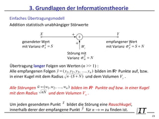 3. Grundlagen der Informationstheorie
Einfaches Übertragungsmodell
Addition statistisch unabhängiger Störwerte

                  X                                             Y
       gesendeter Wert                                    empfangener Wert
                     2                                                  2
       mit Varianz σ x = S                 Wi             mit Varianz σ y = S + N
                                  Störung mit
                                            2
                                  Varianz σ w = N

Übertragung langer Folgen von Werten (n >> 1) :
                          
Alle empfangenen Folgen y = ( y1 , y 2 , y3 , , y n ) bilden im ℝn Punkte auf, bzw.
in einer Kugel mit dem Radius n ⋅ ( S + N ) und dem Volumen Vy .
               
Alle Störungen w = ( w1 , w2 , , wn ) bilden im ℝn Punkte auf bzw. in einer Kugel
mit dem Radius nN und dem Volumen V .        w

                           
Um jeden gesendeten Punkt  x bildet die Störung eine Rauschkugel,
                                      
innerhalb derer der empfangene Punkt  y für n → ∞ zu finden ist.
                                                                                       23
 