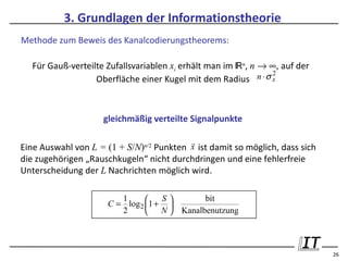 3. Grundlagen der Informationstheorie
Methode zum Beweis des Kanalcodierungstheorems:

   Für Gauß-verteilte Zufallsvariablen xi erhält man im ℝn, n → ∞, auf der
                                                                   2
                   Oberfläche einer Kugel mit dem Radius      n ⋅σ x



                     gleichmäßig verteilte Signalpunkte

                                            
Eine Auswahl von L = (1 + S/N)n/2 Punkten x ist damit so möglich, dass sich
die zugehörigen „Rauschkugeln“ nicht durchdringen und eine fehlerfreie
Unterscheidung der L Nachrichten möglich wird.


                      C = log 2 1 + 
                         1          S           bit
                                     
                         2       N      Kanalbenutzung



                                                                              26
 