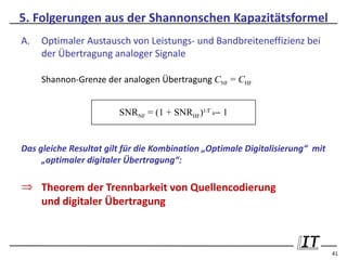 5. Folgerungen aus der Shannonschen Kapazitätsformel
A.   Optimaler Austausch von Leistungs- und Bandbreiteneffizienz bei
     der Übertragung analoger Signale

     Shannon-Grenze der analogen Übertragung CNF = CHF


                        SNRNF = (1 + SNRHF)1/Γ a − 1


Das gleiche Resultat gilt für die Kombination „Optimale Digitalisierung“ mit
     „optimaler digitaler Übertragung“:

⇒ Theorem der Trennbarkeit von Quellencodierung
  und digitaler Übertragung



                                                                               41
 
