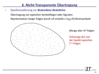 6. Nicht-Transparente Übertragung
–   Quellencodierung zur Redundanz-Reduktion:
    Übertragung von typischen Symbolfolgen oder Signalen
    Repräsentation langer Folgen durch nH anstelle n log2(M) Binärsymbole



                                                      Menge aller Mn Folgen

                                                      Teilmenge der von
                                                      der Quelle typischen
                                                      2nH Folgen




                                                                              45
 