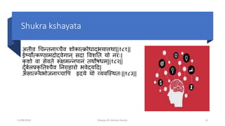 Shukra kshayata
अतीव चिन्तनाच्छ्िैव शोकात्क्रोधाद्भो्ात्तर्ा||१८१||
ईट्ोत्कण्ठामदोद्वेगान् सदा पवशतत ्ो नरः|
कृ शो वा सेवते रूषमन्नपानां तर्ौषधम्||१८२||
दुबतलप्रकृ ततश्िैव तनराहारो भोवेद््दद|
असात्म््भोोजनाच्छ्िापप हृद्े ्ो ््वस्त्रर्तः||१८३||
11/08/2020 Kliabya (Dr Akshay Shetty) 15
 