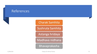 References
Charak Samhita
Sushruta Samhita
Astanga hridaya
Madhava nidhana
Bhavaprakasha
11/08/2020 Kliabya (Dr Akshay Shetty) 19
 