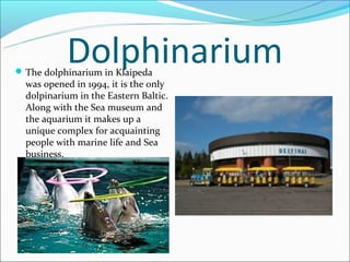 Dolphinarium
 The dolphinarium in Klaipeda
  was opened in 1994, it is the only
  dolpinarium in the Eastern Baltic.
  Along with the Sea museum and
  the aquarium it makes up a
  unique complex for acquainting
  people with marine life and Sea
  business.
 