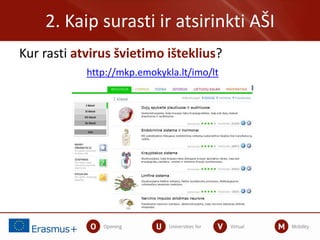 2. Kaip surasti ir atsirinkti AŠI
Kur rasti atvirus švietimo išteklius?
http://mkp.emokykla.lt/imo/lt
 