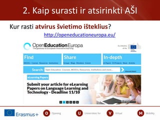 2. Kaip surasti ir atsirinkti AŠI
Kur rasti atvirus švietimo išteklius?
http://openeducationeuropa.eu/
 