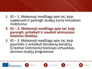 1. IO – 1. Mokomoji medžiaga apie tai, kaip
suplanuoti ir parengti studijų turinį virtualiam
mobilumui
2. IO – 2. Mokomoji medžiaga apie tai, kaip
parengti, pritaikyti ir naudoti atviruosius
švietimo išteklius
3. IO – 3. Mokomoji medžiaga apie tai, kaip
pasirinkti ir pritaikyti Kūrybinių bendrijų
(Creative Commons) licencijas virtualiose,
atvirose studijų programose
 