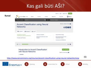 Kas gali būti AŠI?
http://www.oercommons.org/courses/accent-classification-using-neural-networks/view
(6)
Kursai
 