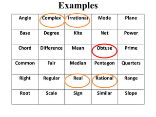 Examples
 Angle   Complex      Irrational    Mode       Plane

 Base     Degree        Kite         Net       Power

 Chord   Difference    Mean        Obtuse      Prime

Common      Fair      Median       Pentagon   Quarters

 Right    Regular       Real       Rational    Range

 Root      Scale        Sign        Similar    Slope
 
