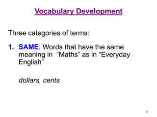 Vocabulary Development

Three categories of terms:

1. SAME: Words that have the same
   meaning in “Maths” as in “Everyday
   English”

   dollars, cents



                                        5
 