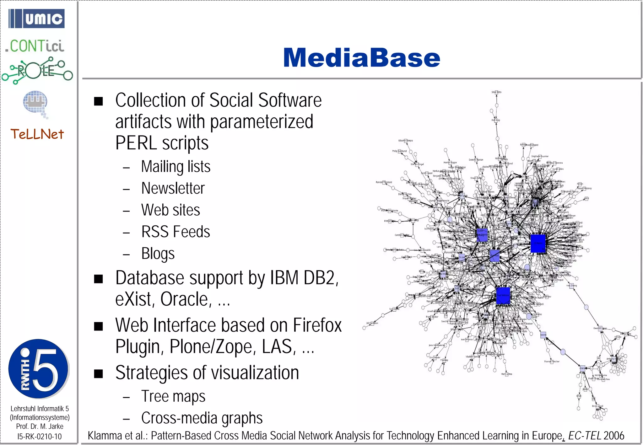 MediaBase
                              Collection of Social Software
                               artifacts with parameterized
TeLLNet
                               PERL scripts
                                –   Mailing lists
                                –   Newsletter
                                –   Web sites
                                –   RSS Feeds
                                –   Blogs
                              Database support by IBM DB2,
                               eXist, Oracle, ...
                              Web Interface based on Firefox
                               Plugin, Plone/Zope, LAS, ...
                              Strategies of visualization
                                – Tree maps
Lehrstuhl Informatik 5
(Informationssysteme)
   Prof. Dr. M. Jarke
                                – Cross-media graphs
  I5-RK-0210-10          Klamma et al.: Pattern-Based Cross Media Social Network Analysis for Technology Enhanced Learning in Europe, EC-TEL 2006
 