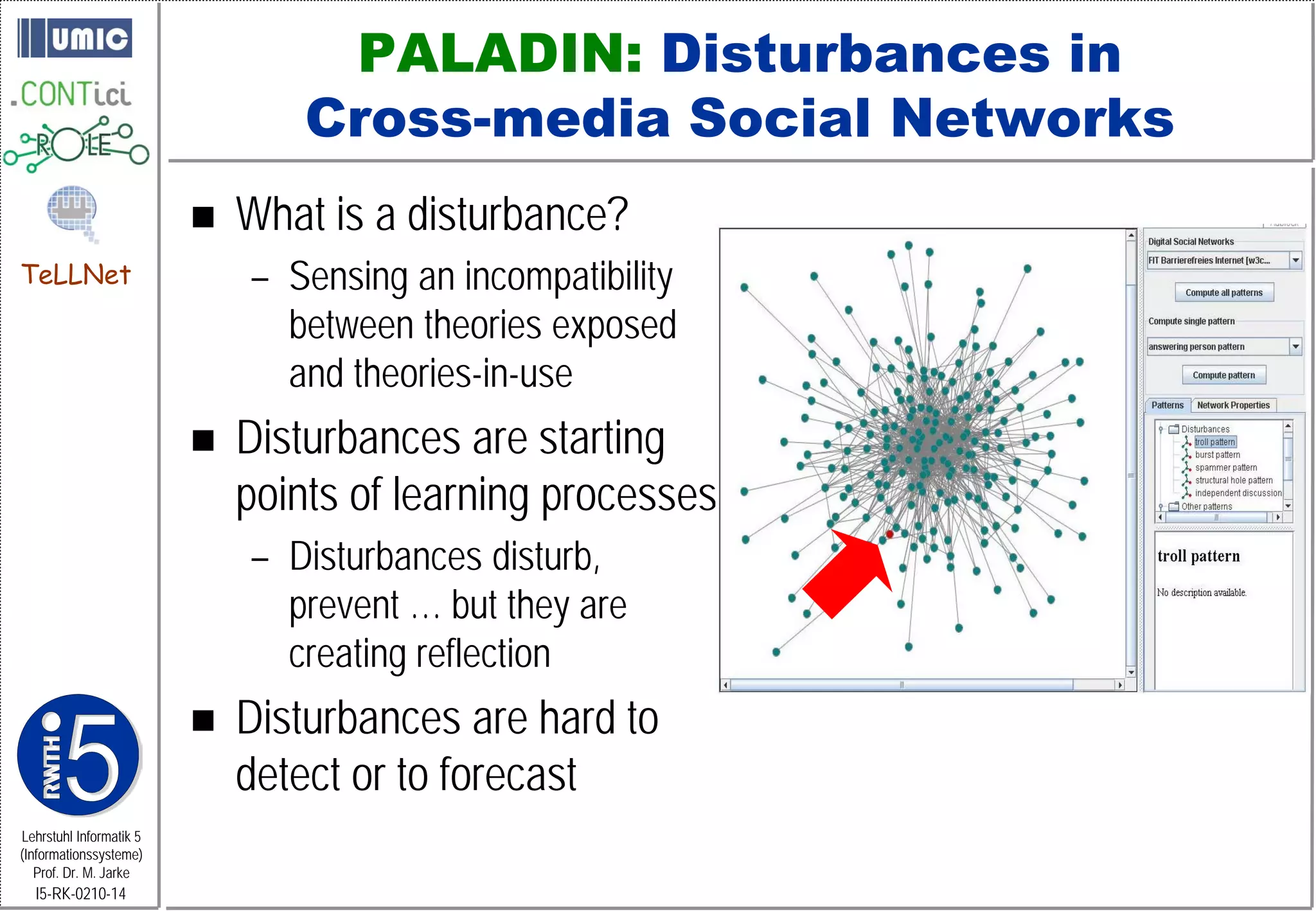 PALADIN: Disturbances in
                                 Cross-media Social Networks
                            What is a disturbance?
TeLLNet                      – Sensing an incompatibility
                               between theories exposed
                               and theories-in-use
                            Disturbances are starting
                             points of learning processes
                             – Disturbances disturb,
                               prevent … but they are
                               creating reflection
                            Disturbances are hard to
                             detect or to forecast
Lehrstuhl Informatik 5
(Informationssysteme)
   Prof. Dr. M. Jarke
  I5-RK-0210-14
 
