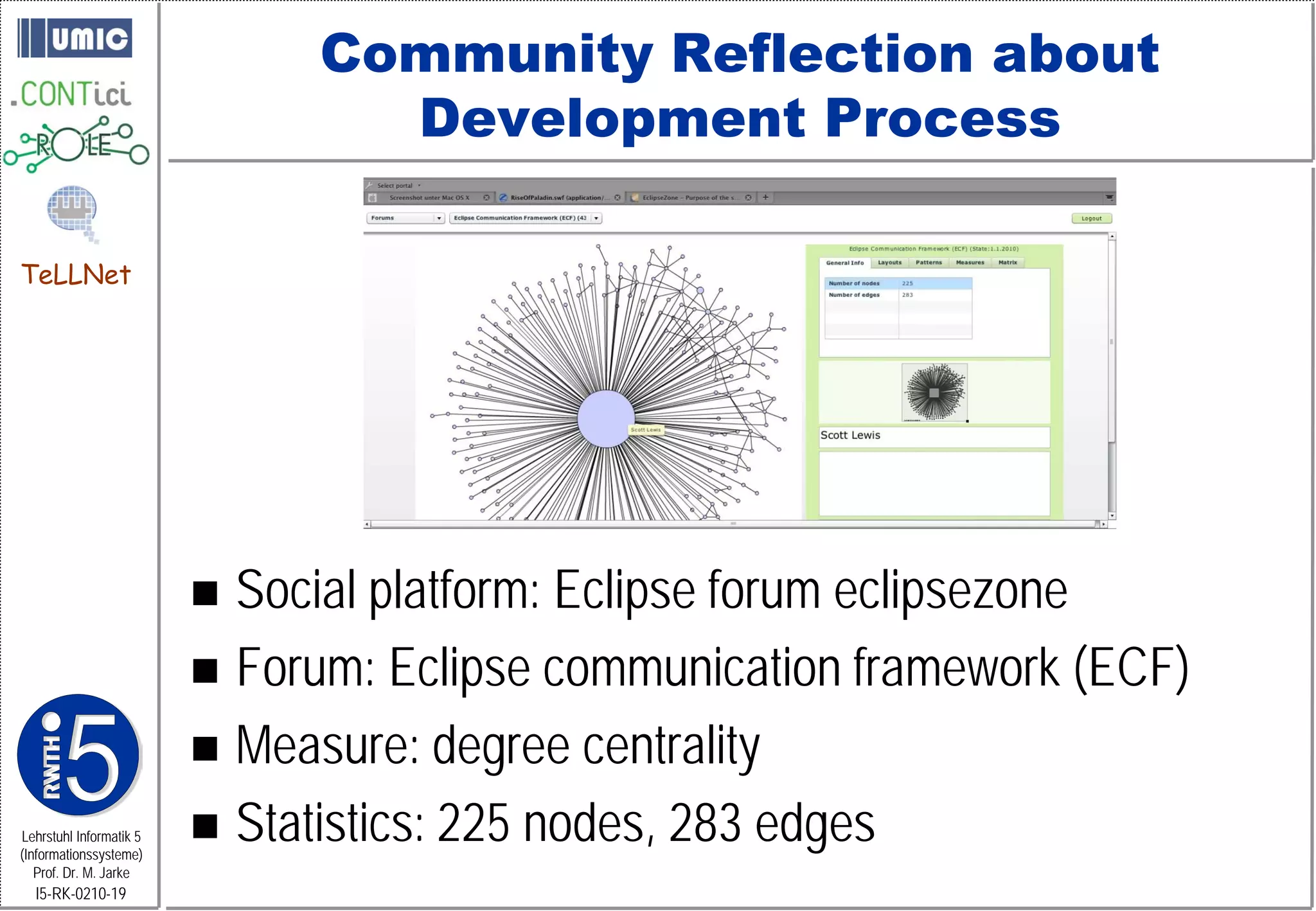 Community Reflection about
                                Development Process

TeLLNet




                          Social platform: Eclipse forum eclipsezone
                          Forum: Eclipse communication framework (ECF)
                          Measure: degree centrality
Lehrstuhl Informatik 5
(Informationssysteme)
                          Statistics: 225 nodes, 283 edges
   Prof. Dr. M. Jarke
  I5-RK-0210-19
 