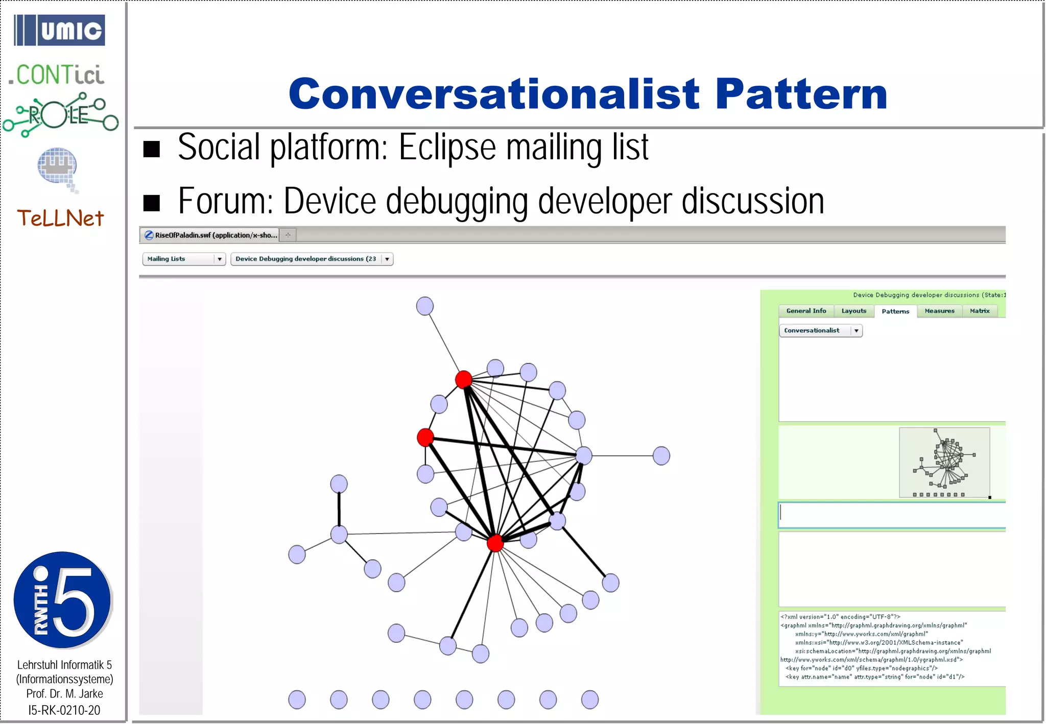 Conversationalist Pattern
                            Social platform: Eclipse mailing list
TeLLNet
                            Forum: Device debugging developer discussion




Lehrstuhl Informatik 5
(Informationssysteme)
   Prof. Dr. M. Jarke
  I5-RK-0210-20
 