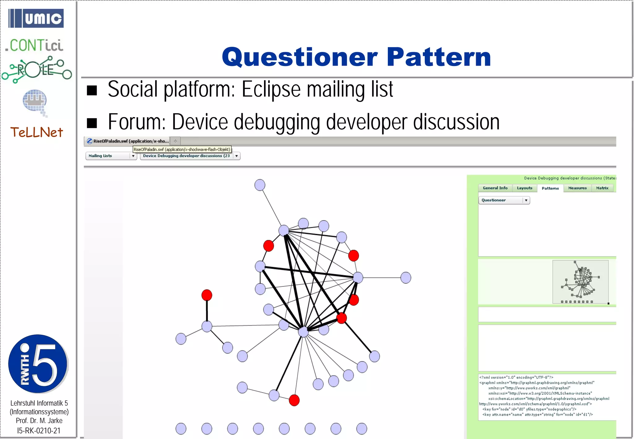 Questioner Pattern
                            Social platform: Eclipse mailing list
TeLLNet
                            Forum: Device debugging developer discussion




Lehrstuhl Informatik 5
(Informationssysteme)
   Prof. Dr. M. Jarke
  I5-RK-0210-21
 