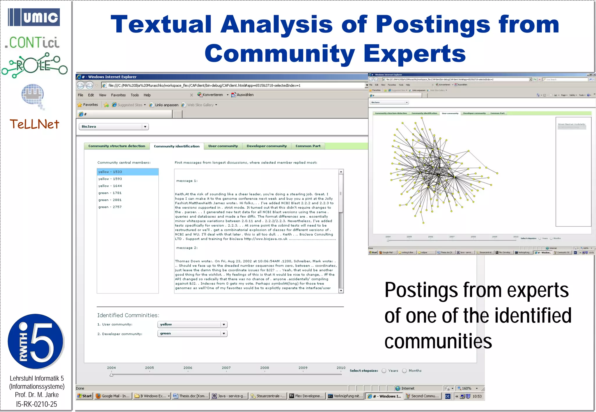 Textual Analysis of Postings from
                               Community Experts

TeLLNet




                                             Postings from experts
                                             of one of the identified
                                             communities
Lehrstuhl Informatik 5
(Informationssysteme)
   Prof. Dr. M. Jarke
  I5-RK-0210-25
 