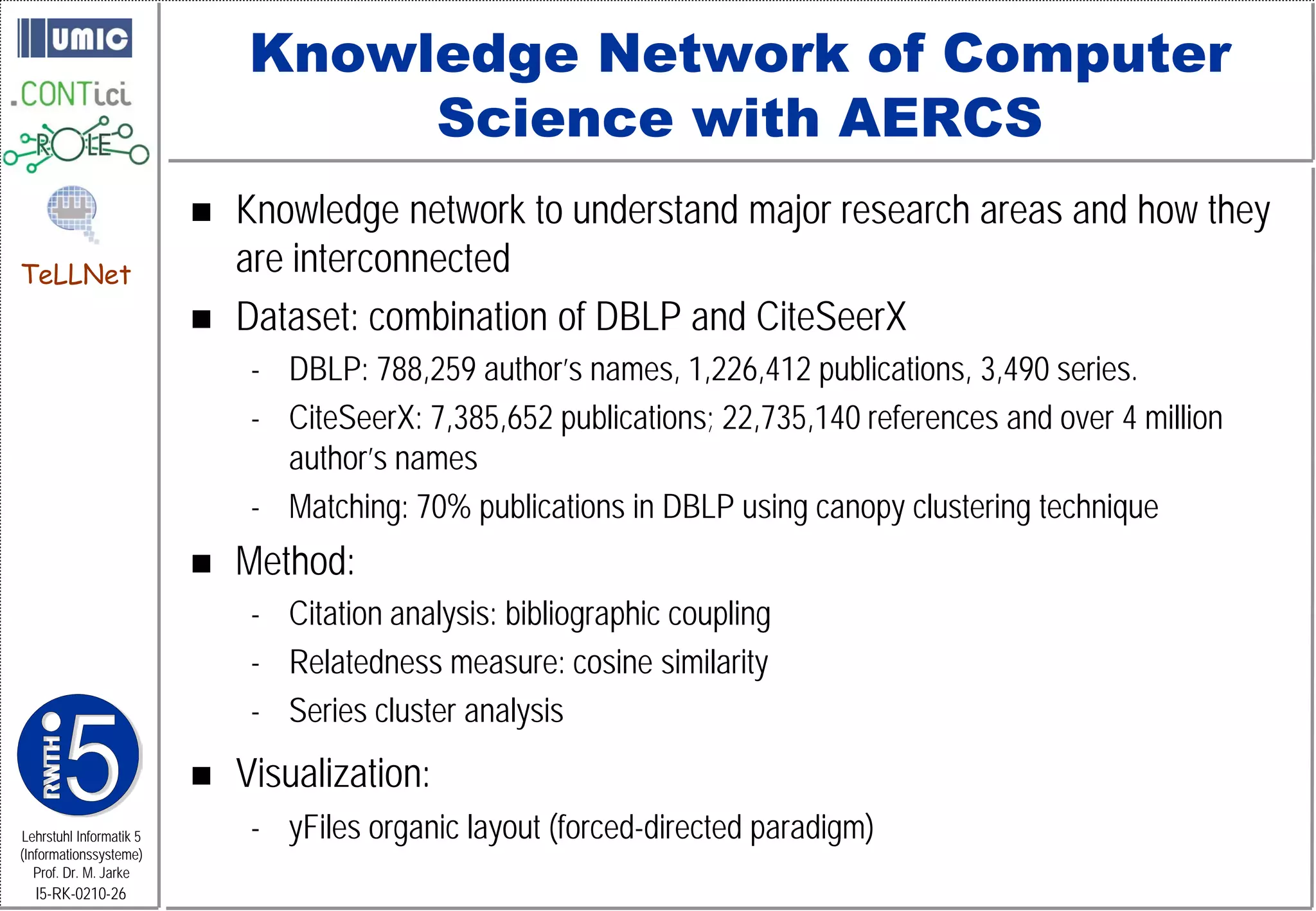 Knowledge Network of Computer
                                  Science with AERCS
                            Knowledge network to understand major research areas and how they
TeLLNet                      are interconnected
                            Dataset: combination of DBLP and CiteSeerX
                              - DBLP: 788,259 author’s names, 1,226,412 publications, 3,490 series.
                              - CiteSeerX: 7,385,652 publications; 22,735,140 references and over 4 million
                                author’s names
                              - Matching: 70% publications in DBLP using canopy clustering technique
                            Method:
                              - Citation analysis: bibliographic coupling
                              - Relatedness measure: cosine similarity
                              - Series cluster analysis
                            Visualization:
Lehrstuhl Informatik 5        - yFiles organic layout (forced-directed paradigm)
(Informationssysteme)
   Prof. Dr. M. Jarke
  I5-RK-0210-26
 