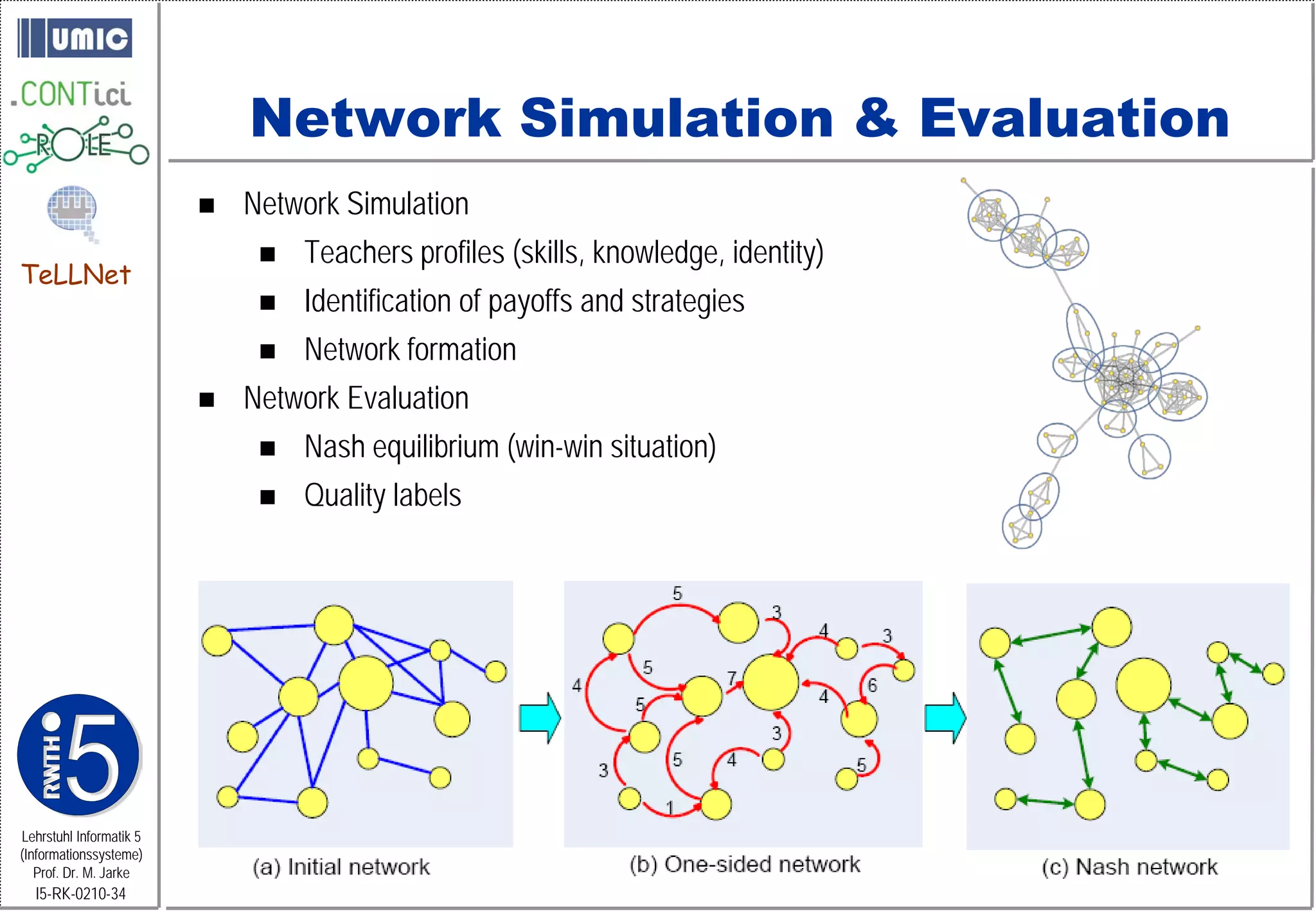 Network Simulation & Evaluation
                            Network Simulation
                                 Teachers profiles (skills, knowledge, identity)
TeLLNet
                                 Identification of payoffs and strategies
                                 Network formation
                            Network Evaluation
                                 Nash equilibrium (win-win situation)
                                 Quality labels




Lehrstuhl Informatik 5
(Informationssysteme)
   Prof. Dr. M. Jarke
  I5-RK-0210-34
 