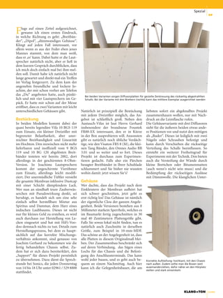 Spezial
                                                                                                                                                      29




F   lugs auf einen Zettel aufgezeichnet,
    gewann ich einen ersten Eindruck,
in welche Richtung es geht: „Breitbän-
der“, „Dipol“, „dünnwandiges Gehäuse“.
Klingt auf jeden Fall interessant, vor
allem wenn es aus der Feder eben jenes
Mannes stammt, von dem man weiß,
dass er ‚es‘ kann. Dabei hatte er die Laut-
sprecher natürlich nicht, aber er ließ in
dem kurzen Gespräch durchblicken, dass
ich mich doch einfach mal bei ihm mel-
den soll. Damit habe ich natürlich nicht
lange gewartet und direkt mal ein Treffen
im Verlag festgezurrt. Zu dem kam der
angenehm freundliche und lockere Jo-
achim, der mir schon vorher am Telefon
das „Du“ angeboten hatte, auch pünkt-           Bei beiden Varianten sorgen Diffusorplatten für gezielte Zerstreuung des rückseitig abgestrahlten
lich und mit vier Lautsprechern im Ge-          Schalls. Bei der Variante mit drei Brettern (rechts) kann das mittlere Exemplar ausgerichtet werden
päck. Er hatte mir schon auf der Messe
eröffnet, dass es zwei Varianten mit leicht
unterschiedlichen Gehäusen gibt.              Natürlich ist prinzipiell die Bestückung            liebsten sofort ein abgeknalltes Projekt
                                              mit jedem Dreizöller möglich, das An-               zusammenhauen wollen, nur mit Nach-
Bestückung                                    gebot ist schließlich groß. Neben den               druck an die Leimflasche rufen.
In beiden Modellen kommt dabei der            Austauch-Vifas ist laut Herrn Gerhard               Die Gehäusevariante mit drei Diffusoren
quasi bereits legendäre Vifa 10 BGS 119       insbesondere der brandneue Fountek                  sieht für die äußeren beiden etwas ande-
zum Einsatz, ein kleiner Dreizöller mit       FR88-EX interessant, den er in Kürze                re Positionen vor und nutzt den mittigen
begrenzter Belastbarkeit, aber uner-          in der Box ausprobieren will. Ansonsten             als „Ruder“. Dieses ist lediglich mit zwei
reichter Breitbandigkeit und Linearität       gibt es natürlich noch übliche Verdäch-             Nägeln oder Schrauben befestigt und
im Hochton. Den inzwischen nicht mehr         tige, wie den Visaton FRS 8 (M), die klei-          kann durch Verschieben die rückseitige
lieferbaren und inoffiziell vom 9 BGS         nen Tang Bänder, den Omnes Audio BB                 Verteilung des Schalls beeinflussen. So
119 und 10 BG 120 abgelösten Breit-           3.01 und so weiter und so fort. Dieses              entsteht ein weiterer Freiheitsgrad für
bänder testeten wir bereits 2002, dort        Projekt ist durchaus zum Experimen-                 Experimente mit der Technik. Den bieten
allerdings in der geschirmten 8-Ohm-          tieren gedacht. Falls also ein Pärchen              auch die Versteifung der Wände durch
Version. In Joachims Lautsprechern            besagter Breitbänder in Ihrer Schublade             kleine Brettchen oder Bitumenmatten
kommt der ungeschirmte Vieröhmer              schlummert und Sie bisher nie wussten               (auch wenn‘s nicht sein muss) und die
zum Einsatz, allerdings leicht modifi-        wohin damit: jetzt wissen Sie‘s!                    Bedämpfung der rückseitigen Auslässe
ziert. Der unermüdliche Tüftler versieht                                                          mit Dämmwolle. Die klanglichen Unter-
die gesamte Membran inklusive Dustcap         Gehäuse
mit einer Schicht dämpfendem Lack.            Wer dachte, dass das Projekt nach dem
Wer nun an sündhaft teure Zauberwäs-          Einkleistern der Membran aufhört hat
serchen mit Pseudowirkung denkt, sei          sich schwer geschnitten, jetzt geht es
beruhigt, es handelt sich um eine sehr        erst richtig los! Das Gehäuse ist nämlich
einfach selbst herstellbare Mixtur aus        der eigentliche Clou der ganzen Angele-
Spiritus und Dammar, dem Harz eines           genheit. Beide Versionen bestehen aus 8
indischen Laubbaums. Dieses ist nicht         Millimeter starkem Sperrholz, welches es
nur für kleines Geld zu erstehen, es wird     im Baumarkt fertig zugeschnitten in 30
auch durchaus zur Herstellung von La-         mal 40 Zentimetern Plattengröße gibt.
cken eingesetzt und hat mit HiFi-Voo-         Falls Sie sowas lokal nicht finden, tun es
doo demnach nichts zu tun. Details zum        natürlich auch Zuschnitte in derselben
Herstellungsprozess, bei dem es haupt-        Größe, zum Beispiel in 10-mm-MDF.
sächlich auf das korrekte Mischungs-          Das schöne an der Angelegenheit ist, dass
verhältnis ankommt, sind genauso von          alle Platten in diesem Originalmaß blei-
Joachim Gerhard zu bekommen wie die           ben. Der Zusammenbau beschränkt sich
fertig behandelten Chassis selbst. Zu-        auf deren Verbindung, das Sägen eines
dem hat er sich dazu bereiterklärt, den       Lochs für das Chassis und die Befesti-
„Support“ für dieses Projekt persönlich       gung des Anschlussterminals. Das kann
zu übernehmen. Dazu dient die Sprech-         wohl jeder bauen, und es geht auch be-              Korrekte Aufstellung: hochkant, mit den Chassis
stunde bei Sonics, die jeden Donnerstag       quem an einem Nachmittag. Auch hier                 nach außen. Zudem sollte man die Boxen weit
von 14 bis 18 Uhr unter 02961 / 529 8888      kann ich die Gelegenheitsbauer, die am              auseinanderziehen, dafür näher an den Hörplatz
                                                                                                  stellen und stark einwinkeln
stattfindet.




                                                                                                                                 KLANG+TON            4/2008
 