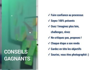 CONSEILS
GAGNANTS
✓ Faire confiance au processus
✓ Soyez 100% présents
✓ Osez ! Imaginez plus loin,
challengez, rêvez
✓ Ne critiquez pas, proposez !
✓ Chaque étape a son rendu
✓ Gardez en tête les objectifs
✓ Souriez, vous êtes photographié :)
 