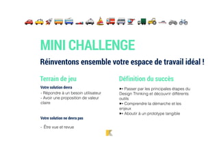 MINI CHALLENGE
Terrain de jeu
Votre solution devra
- Répondre à un besoin utilisateur
- Avoir une proposition de valeur
claire
Votre solution ne devra pas
- Être vue et revue
Définition du succès
➸ Passer par les principales étapes du
Design Thinking et découvrir différents
outils
➸ Comprendre la démarche et les
enjeux
➸ Aboutir à un prototype tangible
Réinventons ensemble votre espace de travail idéal !
🚗 🚕 🚀 🚌 🚎 🏎 🚓 ⛵ 🚒 🚐 🚁 🚛 🚜 🛥 🏍 🚲
 
